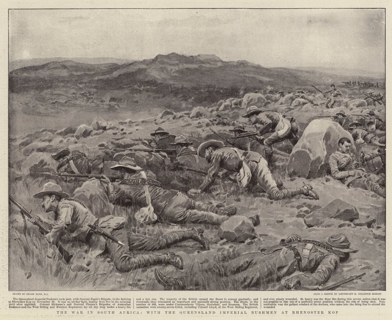 Kriget i Sydafrika, med Queensland Imperial Bushmen vid Rhenoster Kop av Frank Dadd