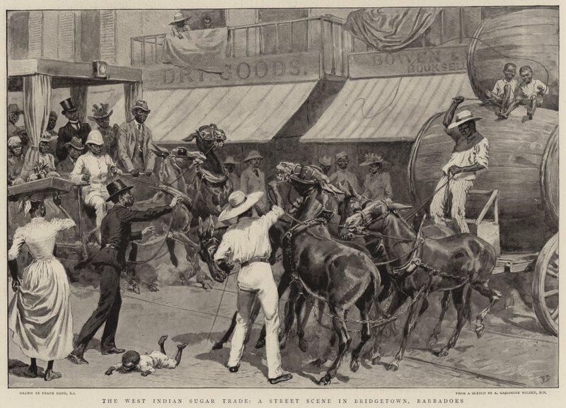 The West Indian Sugar Trade, en gatubild i Bridgetown, Barbados av Frank Dadd