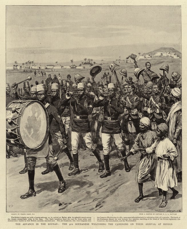 Framryckningen i Soudan, den 9:e soudanesen välkomnar Camerons vid deras ankomst till Berber av Frank Dadd