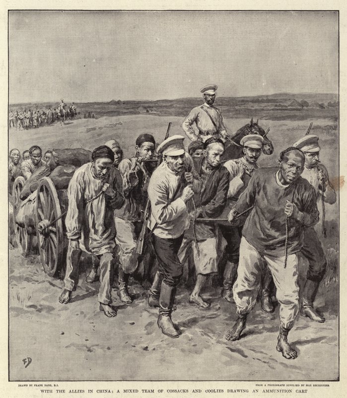 Med de allierade i Kina, ett blandat lag av kosacker och coolies som ritar en ammunitionsvagn av Frank Dadd