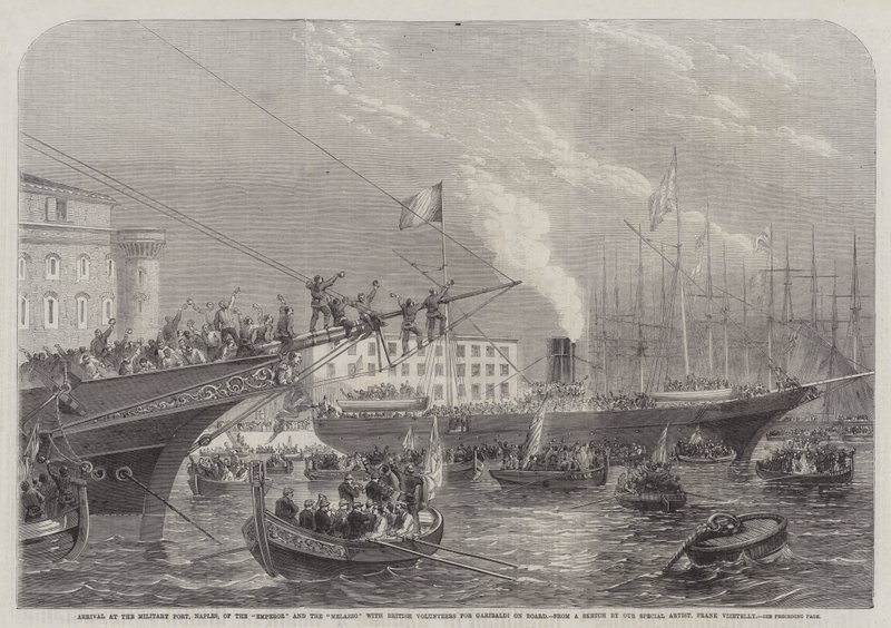 Ankomst till den militära hamnen, Neapel, av kejsaren och Melazzo med brittiska frivilliga för Garibaldi ombord av Frank Vizetelly