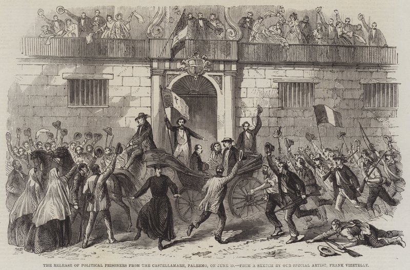 Frigivningen av politiska fångar från Castellamare, Palermo, den 19 juni av Frank Vizetelly