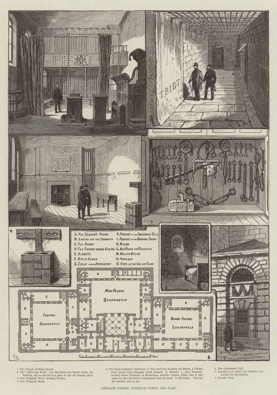 Newgate-fängelset, interiör och plan av Frank Watkins