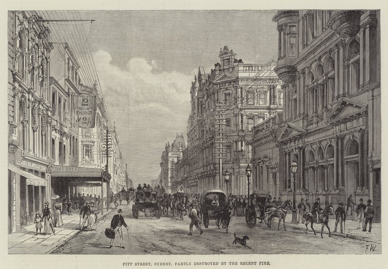 Pitt Street, Sydney, delvis förstörd av den senaste branden. av Frank Watkins