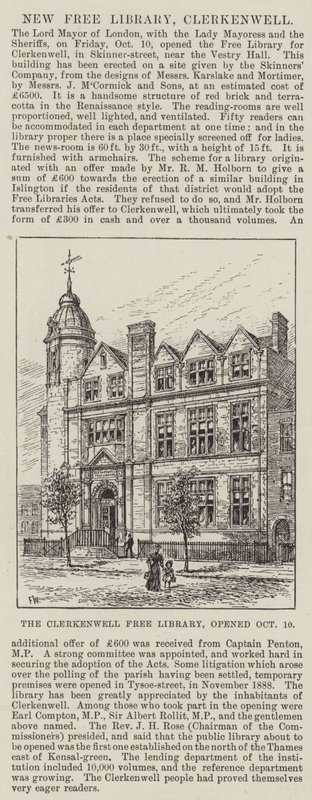 Clerkenwell Free Library, öppnade 10 oktober av Frank Watkins