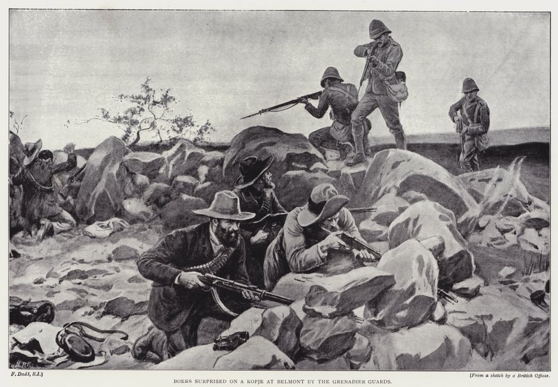 Boer överraskade på en kopje vid Belmont av Grenadier Guards (litho) av Frank (after) Dadd