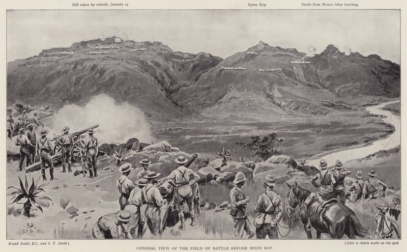Allmän bild av stridsfältet före Spion Kop (litho) av Frank (after) Dadd