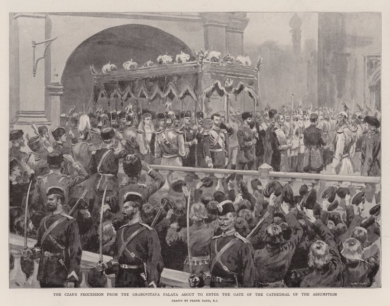 Tsarens procession från Granovitaya Palata på väg att gå in i porten till antagandekatedralen (litho) av Frank (after) Dadd