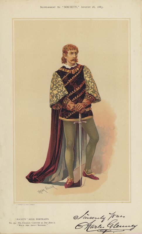 Mr Charles Glenney, som Don John, i Much Ado About Nothing (colour litho) av Frank (after) Feller