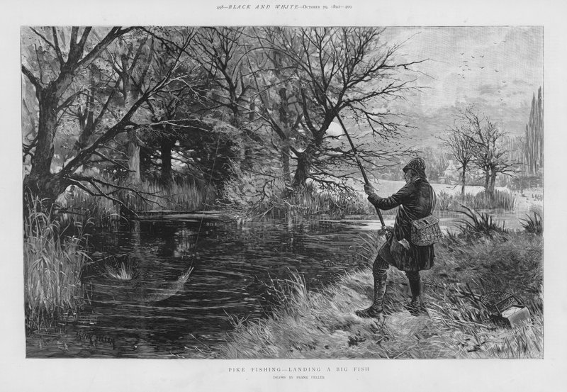 Gäddfiskare som landar en stor fisk (litho) av Frank (after) Feller