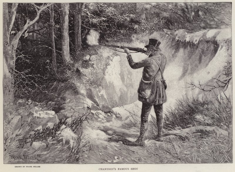 Sir Francis Chantrey dödade två skogstuppar med ett skott under jakt i Holkham Hall, Norfolk (litho) av Frank (after) Feller