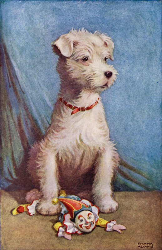 Hund med en leksaksclown (färg litho) av Frank Adams
