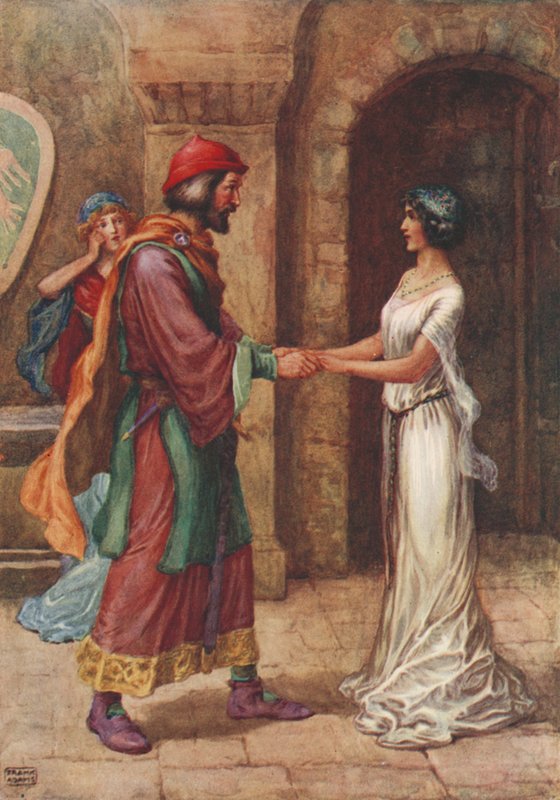 Geraldine och baronen, från Christabel av Samuel Taylor Coleridge (färg litho) av Frank Adams