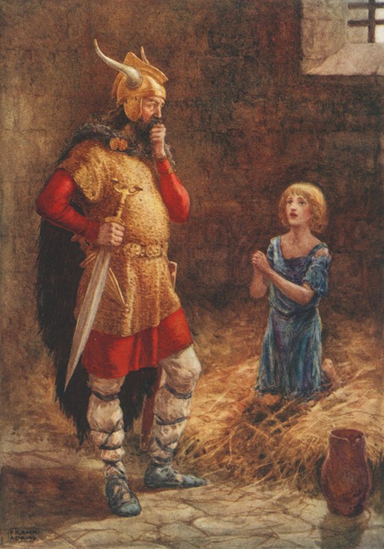Havelok Begs Mercy of Godard, fra den gamle ballade Havelok the Dane (colour litho)swed av Frank Adams