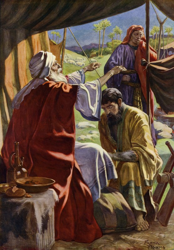 Jacob får välsignelsen (färg litho) av Frank Adams