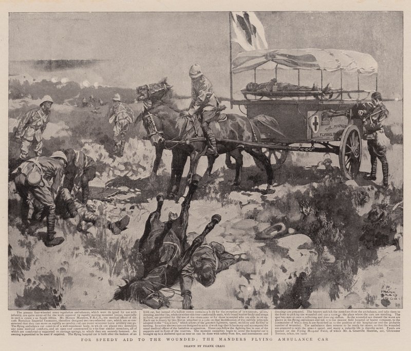 För snabb hjälp till de sårade, Manders flygande ambulansbil (litho) av Frank Craig