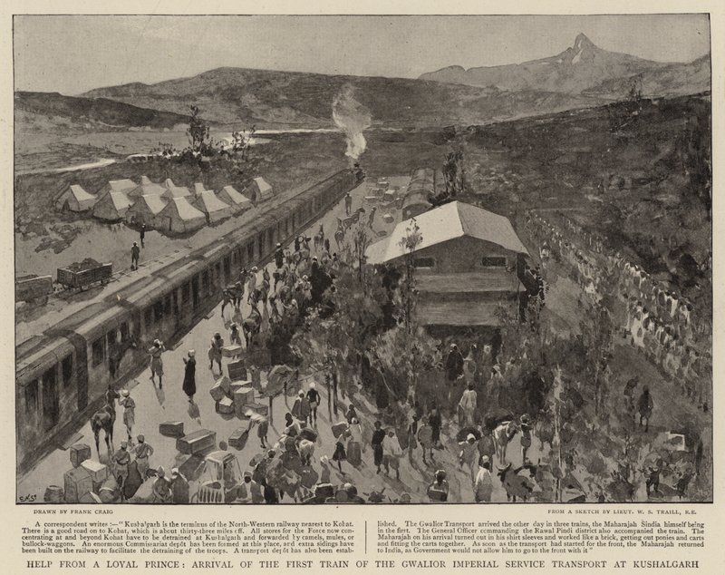 Hjälp från en lojal prins, ankomsten av det första tåget från Gwalior Imperial Service Transport vid Kushalgarh av Frank Craig