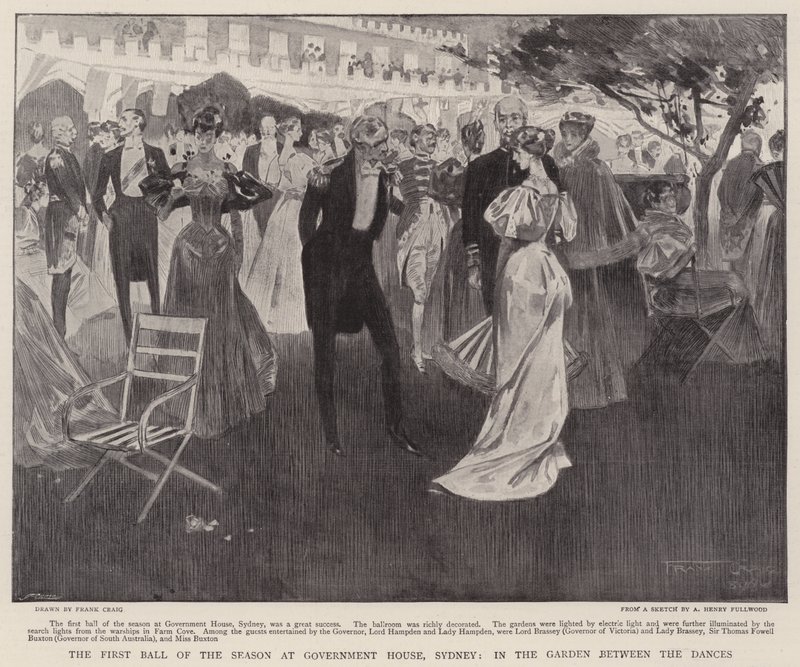 Säsongens första bal i Government House, Sydney, i trädgården mellan danserna av Frank Craig