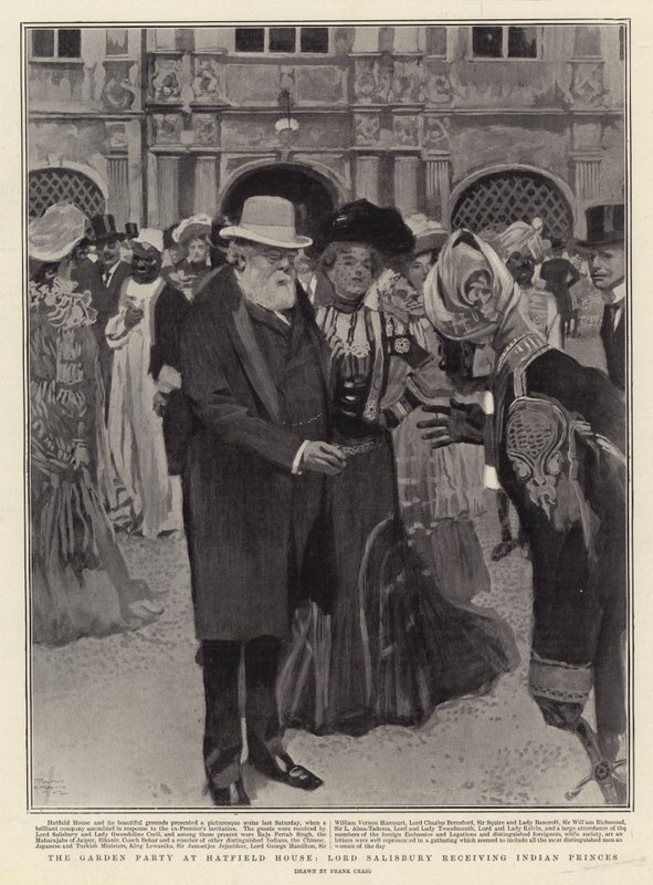 Trädgårdsfesten i Hatfield House, Lord Salisbury tar emot indiska prinsar av Frank Craig