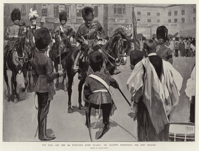 Kungen och 3:e bataljonen Scots Guards, Hans Majestät presenterar de nya färgerna av Frank Craig