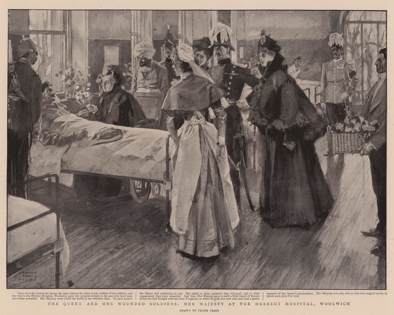 Drottningen och hennes sårade soldater, hennes majestät på Herbert Hospital, Woolwich av Frank Craig