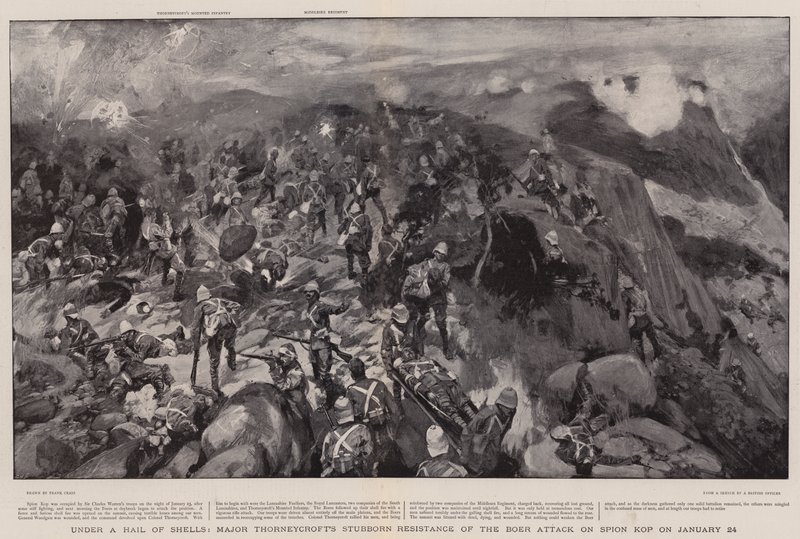 Under ett hagel av snäckor, major Thorneycrofts envisa motstånd från boerattacken på Spion Kop den 24 januari av Frank Craig
