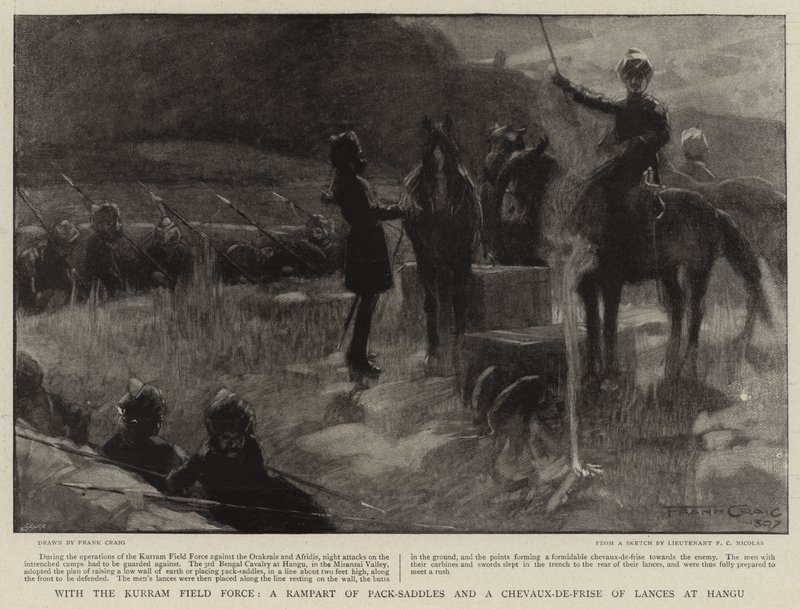 Med Kurram Field Force, en rampart av pack-sadlar och en Chevaux-de-Frise av lanser vid Hangu av Frank Craig