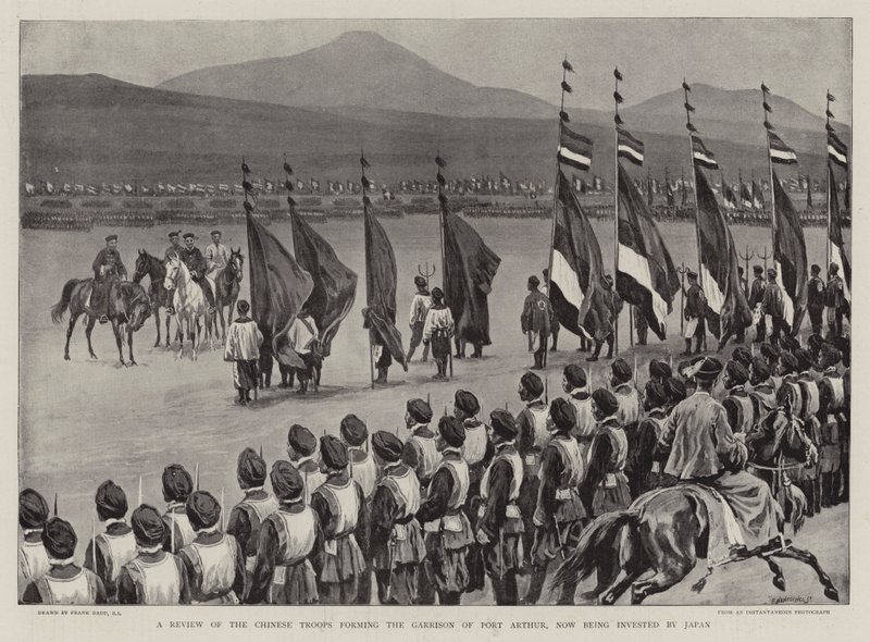 En recension av de kinesiska trupperna som bildar Garnisonen i Port Arthur, som nu investeras av Japan av Frank Dadd