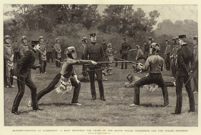 Bajonettstrider vid Aldershot, en match mellan lagen från South Wales Borderers och walesiska regementet av Frank Dadd
