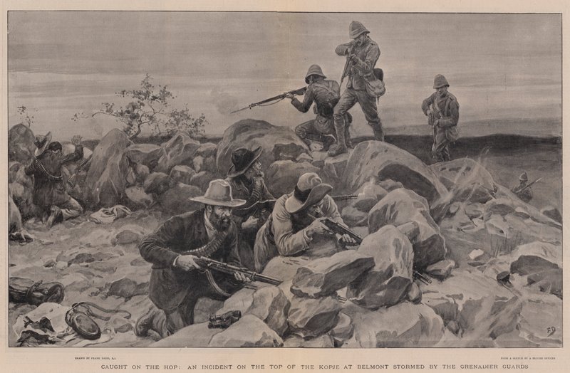 Catught on the Hop, en incident på toppen av Kopje vid Belmont stormad av Grenadier Guards av Frank Dadd