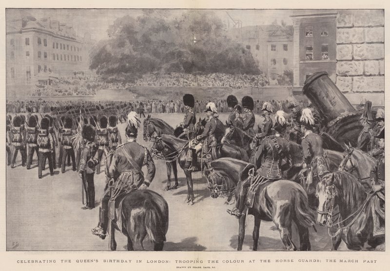 Firande av drottningens födelsedag i London, troppning av flaggan vid Horse Guards, marschen förbi av Frank Dadd