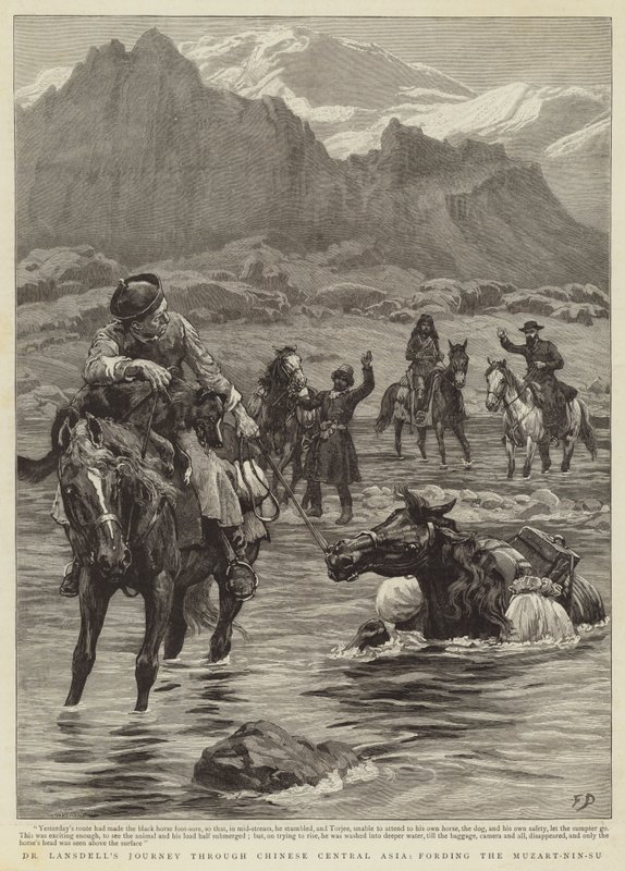 Dr Lansdells resa genom kinesiska Centralasien, forsande Muzart-Nin-Su av Frank Dadd