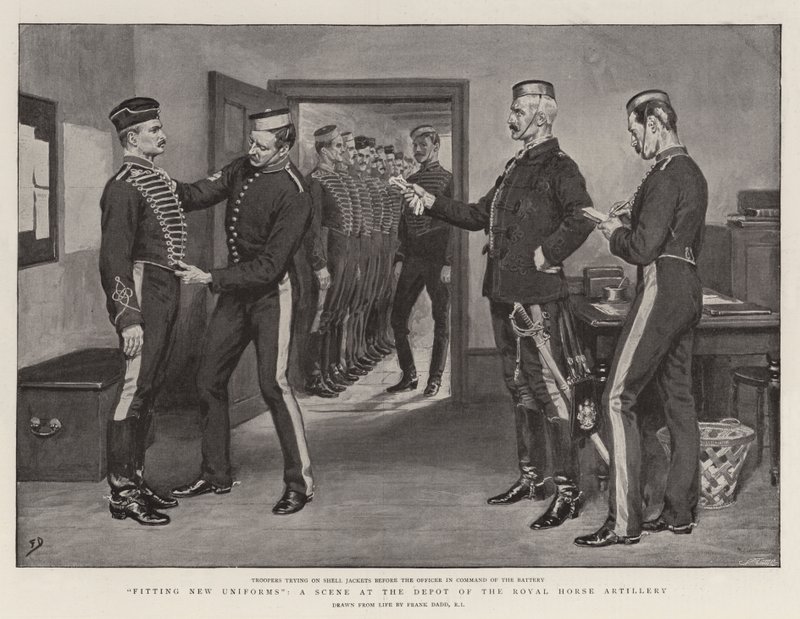 Montering av nya uniformer, en scen vid depån för Royal Horse Artillery av Frank Dadd