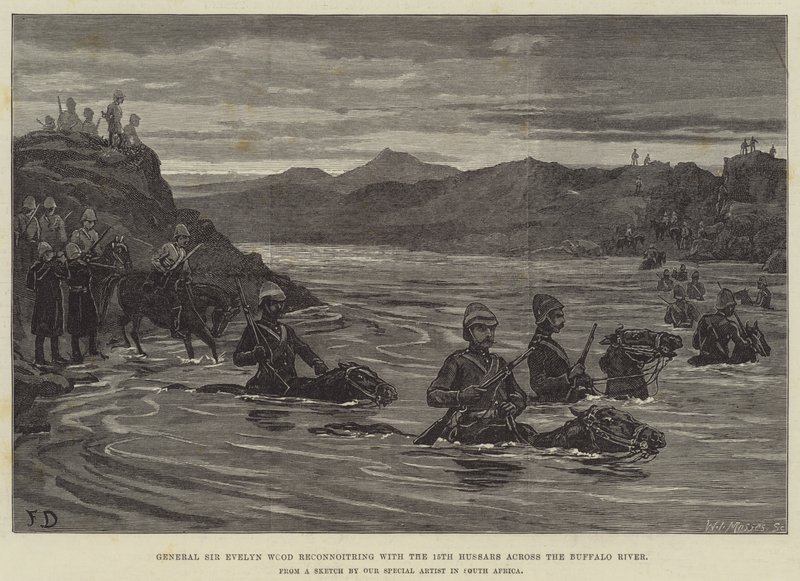 General Sir Evelyn Wood rekognoscerar med de 15:e husarerna över Buffalo River av Frank Dadd