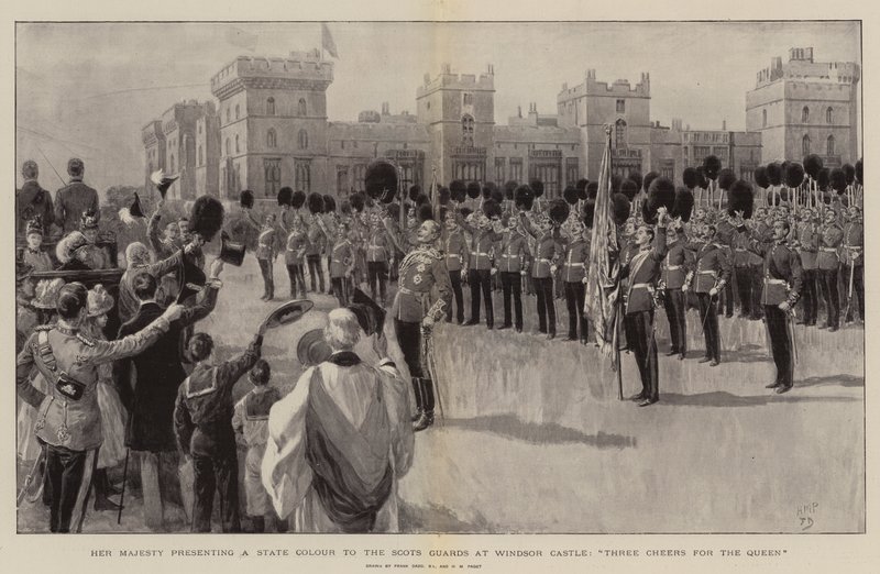 Hennes Majestät presenterar en statsflagga för de skotska vakterna vid Windsor Castle, tre skålar för drottningen. av Frank Dadd