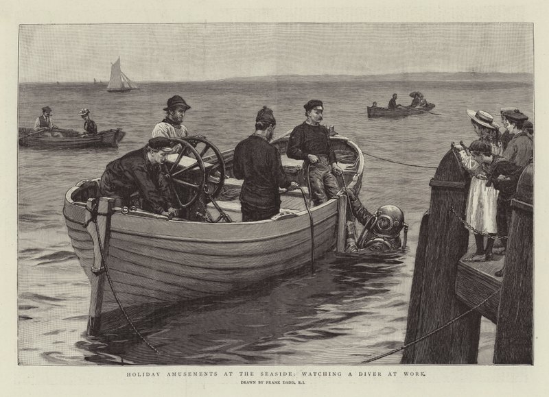 Semesternöjen vid havet, titta på en dykare på jobbet av Frank Dadd