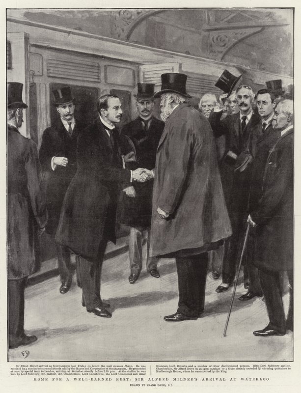 Hem för en välförtjänt vila, Sir Alfred Milners ankomst till Waterloo av Frank Dadd