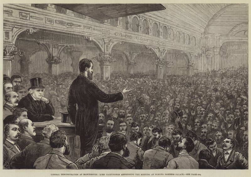 Liberal demonstration i Manchester, Lord Hartington talar till mötet i Pomona Gardens Palace. av Frank Dadd