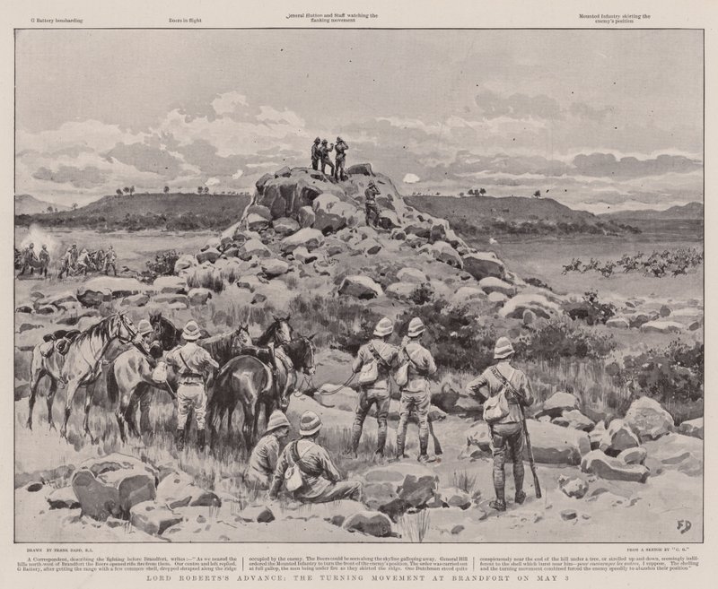 Lord Roberts framsteg, den vändande rörelsen i Brandfort den 3 maj av Frank Dadd