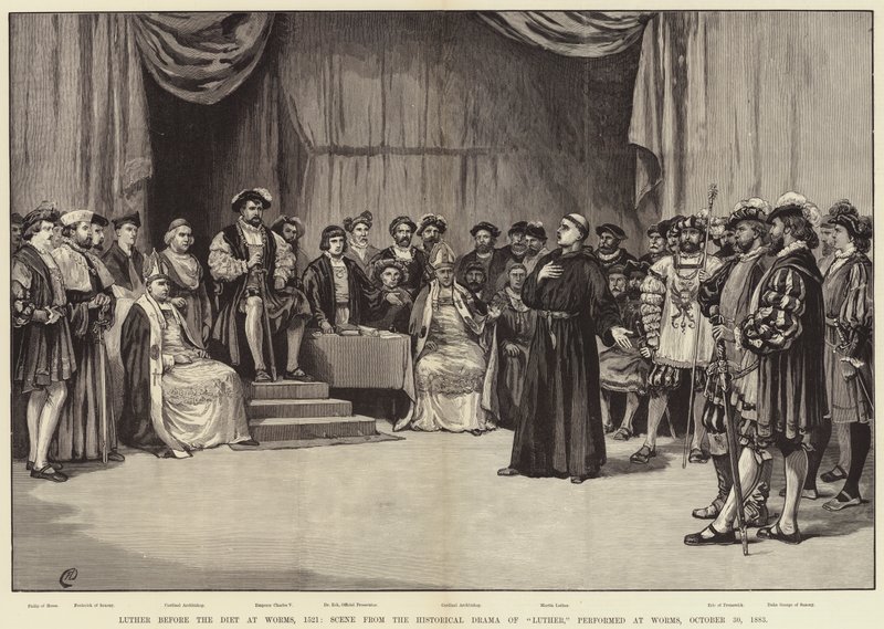 Luther före riksdagen i Worms, 1521, scen ur Luthers historiska drama, framförd i Worms, 30 oktober 1883 av Frank Dadd