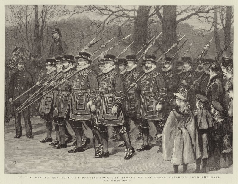 På väg till Hennes Majestäts salongen marscherar Guardets Yeomen nerför köpcentret av Frank Dadd