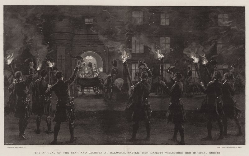 Tsarens och Czaritsas ankomst till slottet Balmoral, Hennes Majestät välkomnar sina kejserliga gäster av Frank Dadd