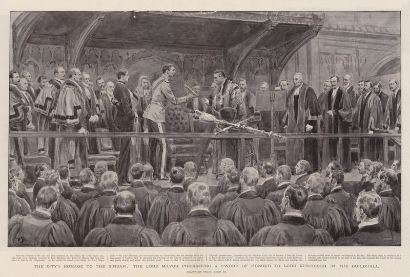 Stadens hyllning till sirdaren, överborgmästaren överlämnar ett hederssvärd till Lord Kitchener i Guildhall. av Frank Dadd
