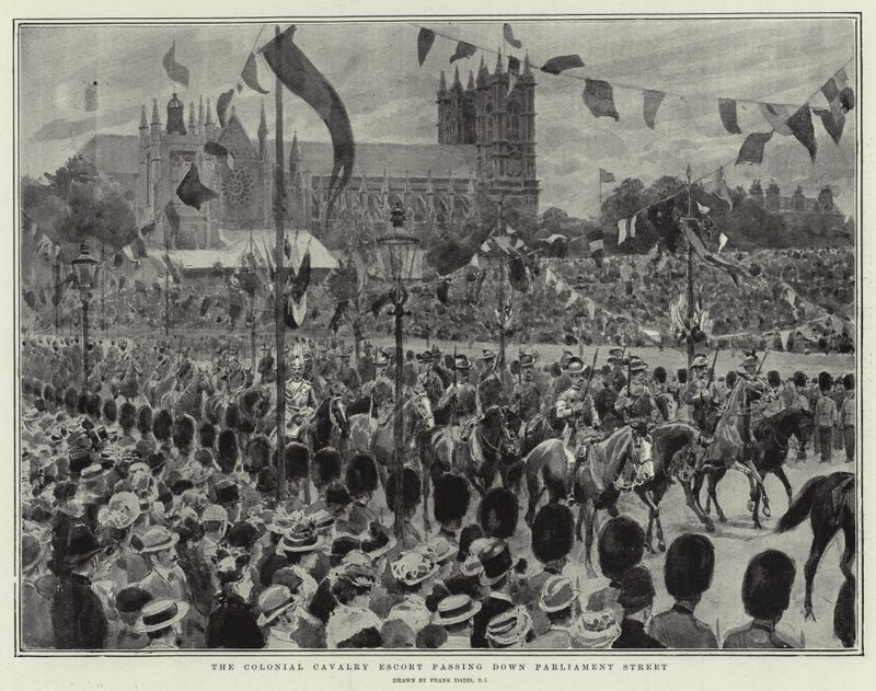 Colonial Cavalry Escort passerar på Parliament Street av Frank Dadd