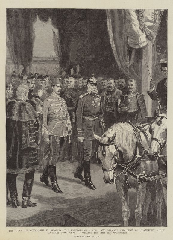 Hertigen av Connaught i Ungern, kejsarna av Österrike och Tyskland och hertigen av Connaught på väg att börja från Guns för att bevittna de militära manövrarna av Frank Dadd