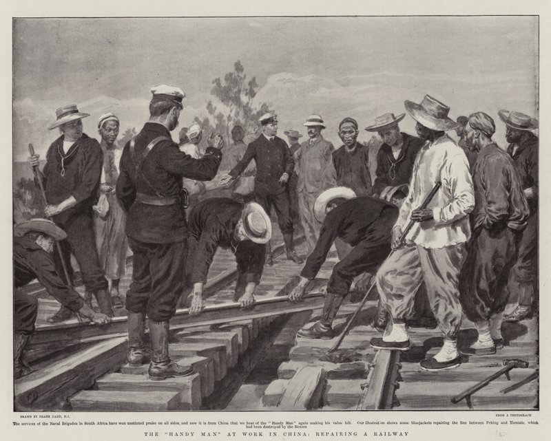 Den händige mannen på jobbet i Kina, som reparerar en järnväg av Frank Dadd