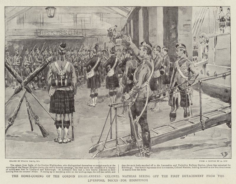 Gordon Highlanders hemkomst, överste Mathias som förflyttade den första gruppen från Liverpools hamnar till Edinburgh. av Frank Dadd