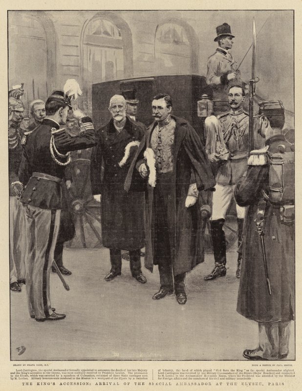 Kungens anslutning, den särskilda ambassadörens ankomst till Elysee, Paris av Frank Dadd