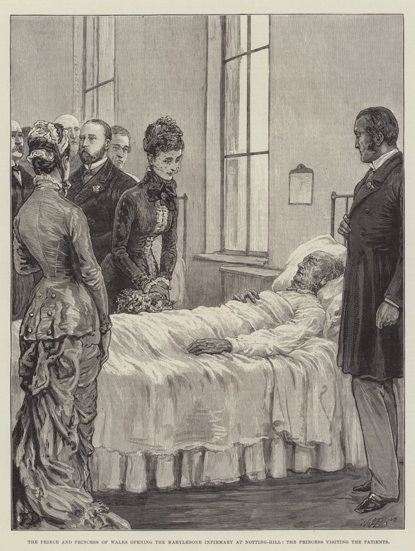 Prinsen och prinsessan av Wales öppnar Marylebone Infirmary i Notting-Hill, prinsessan besöker patienterna av Frank Dadd