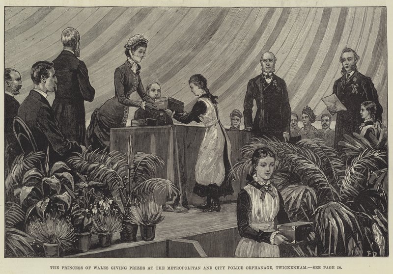 Prinsessan av Wales ger priser på Metropolitan and City Police Orphanage, Twickenham av Frank Dadd